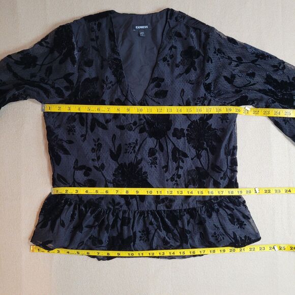 Express Top Black Floral Velvet Burnout Womens M Ruffles Sheer Sleeve Fairy Goth - Picture 5 of 10
